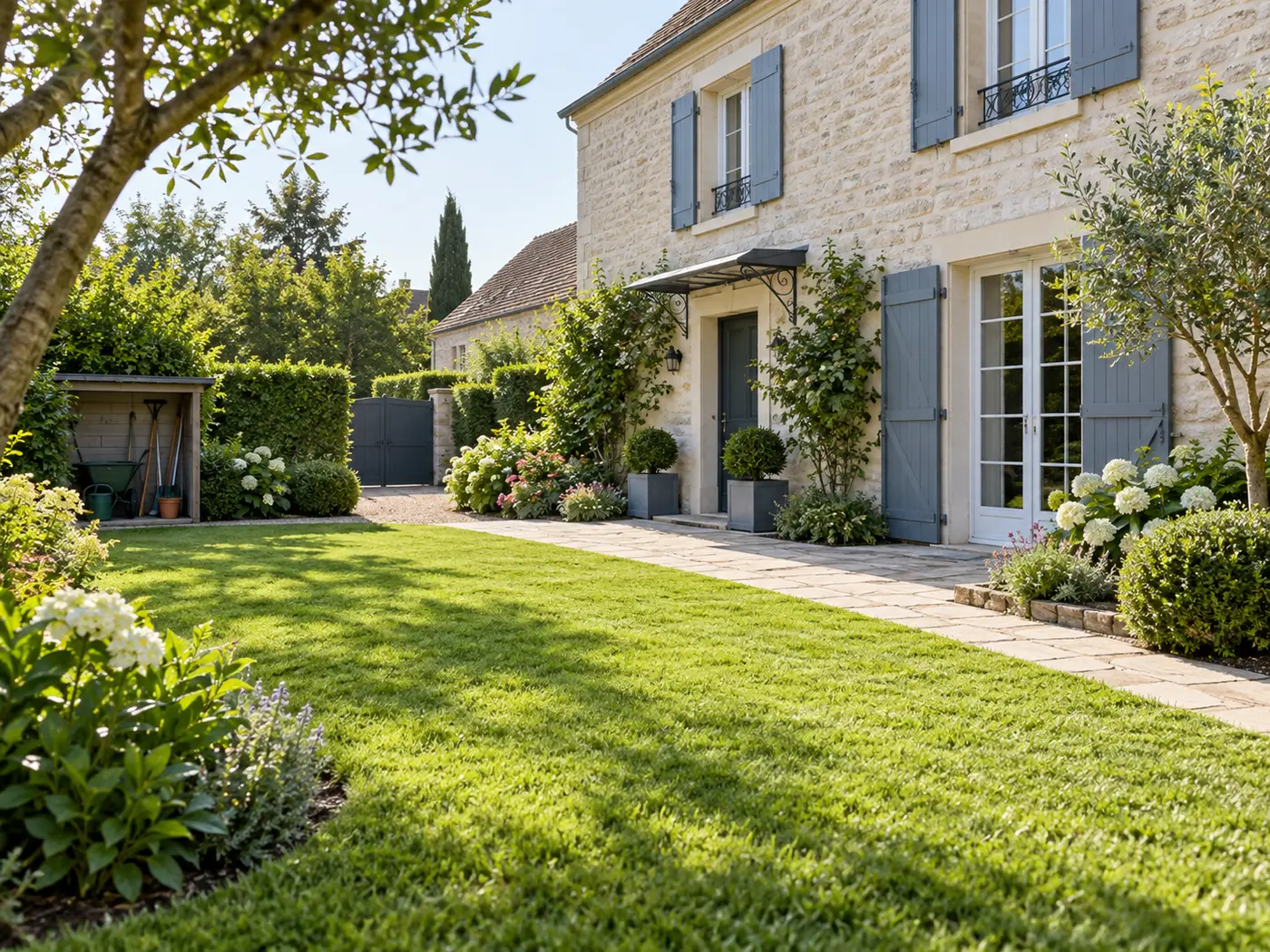 Jardin entretenu devant une maison en pierre